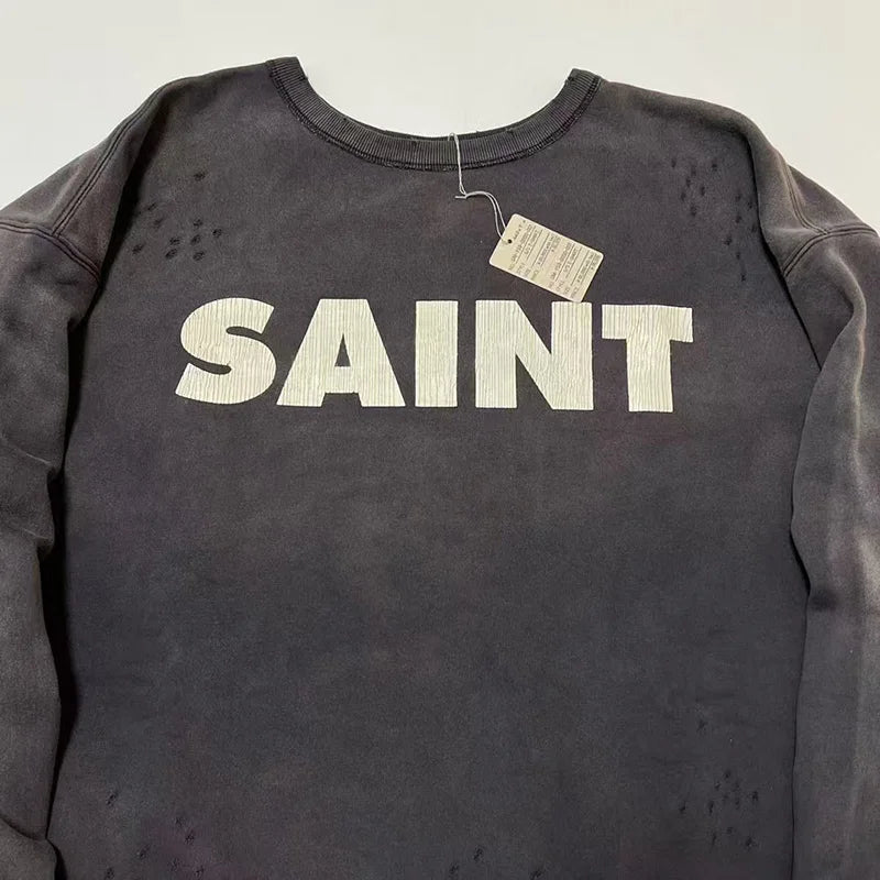 New Letter Print SAINT Hoodies Men Woman Retro Washed Damaged High Street Pullover Sweatshirts Loose Casual Good Quality