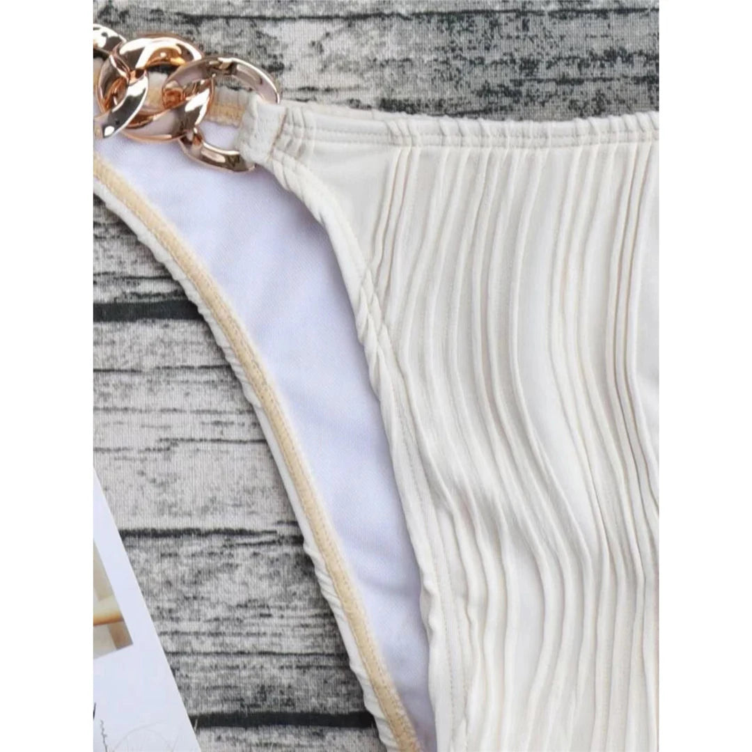 Sexy Metal Rings Halter Wrinkled Bikini Female Swimsuit Women Swimwear Two-pieces Bikini set Bather Bathing Suit Swim Lady K4149