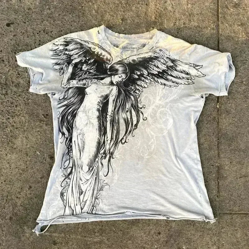 Y2K Gothic Harajuku Splice Printing White Long Sleeve New Punk Hip Hop Sexy T shirt Fashion Casual Pure Cotton Loose Tops Unisex