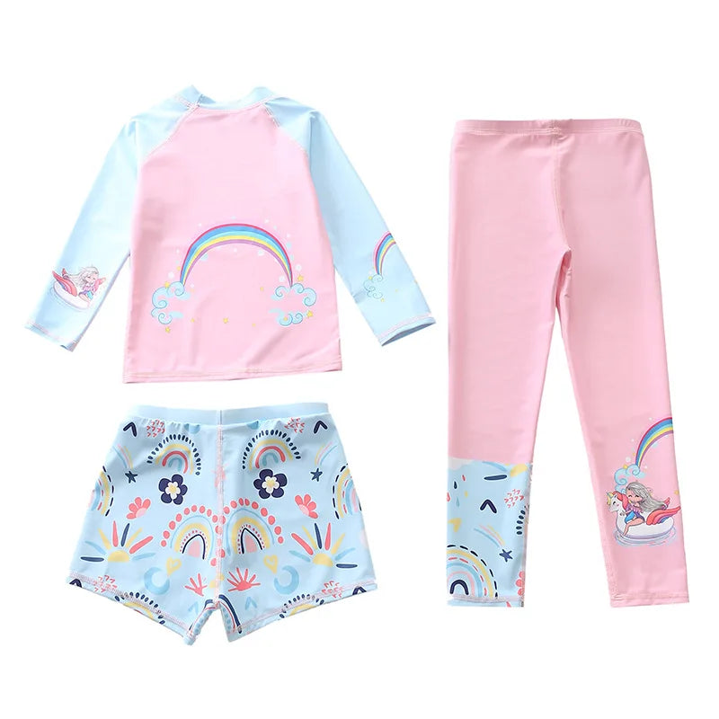 Kids Swimsuit for Girls Unicorn Long Sleeve Children's Swimwear + Surf Pants + Swimming Trunks Rash Guard Bathing Suit Child