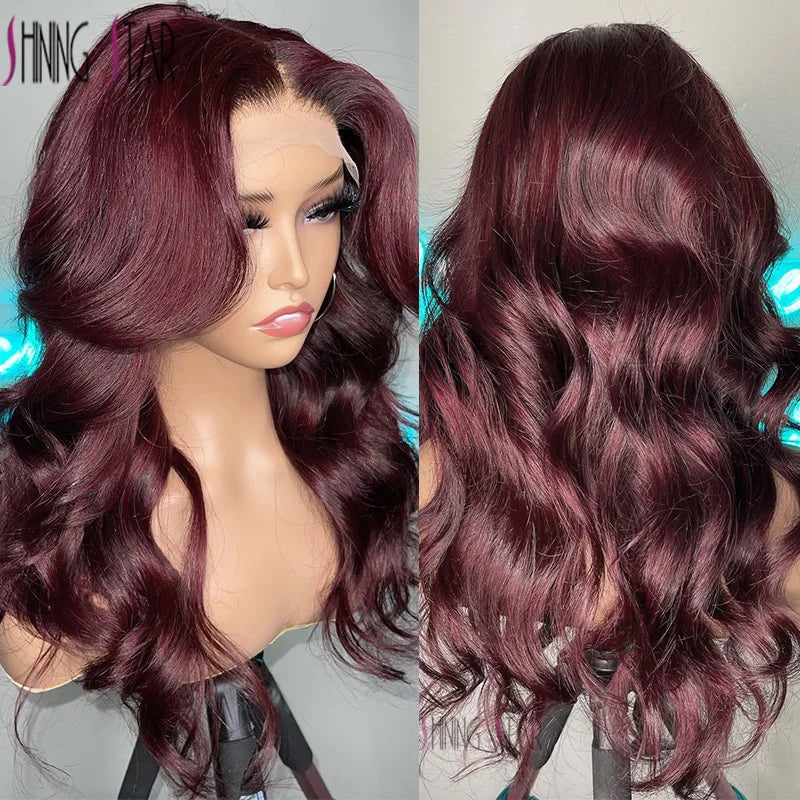Burgundy Red Bone Straight Lace Front Human Hair Wigs Pre Plucked Colored 99J Red 13x6 Transparent Lace Frontal Wig Human Hair