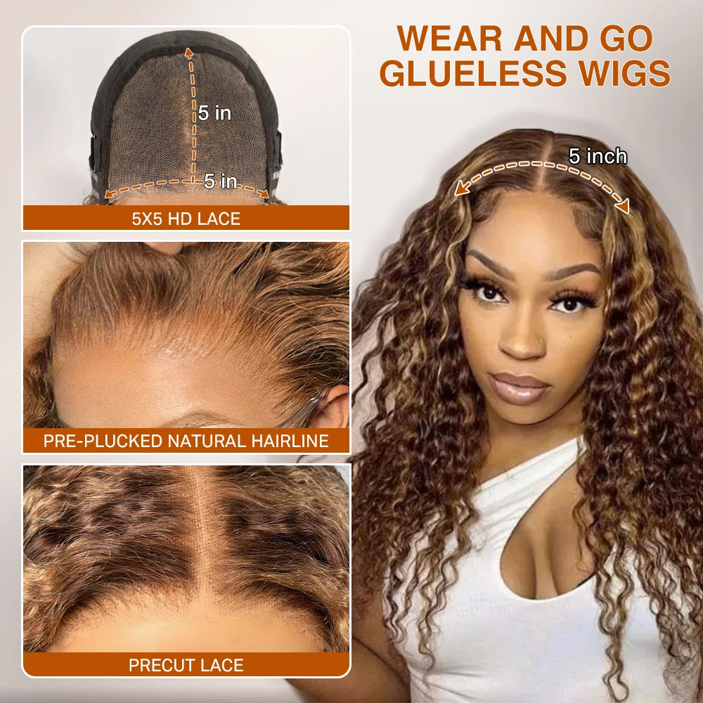 Deep Wave Honey Blonde Glueless Wigs Human Hair Pre Cut Highlight Wear and Go Curly Wigs for Women Ombre HD Lace Front Wig
