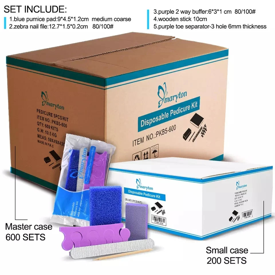 600 Sets/Carton Disposable 5Pcs Pedicure Sets Nail Art Sanding Sandpaper Wooden Nail File Kits Tools Set