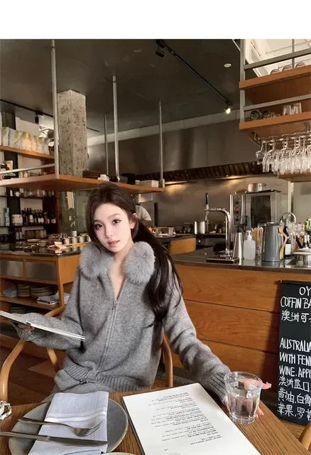 Winter Women Old Money Girl Long Sleeve Full Zip Cardigan Sweater Cuddly Hoodies Knitwear 2000s Aesthetic Korean Fashion Sweater