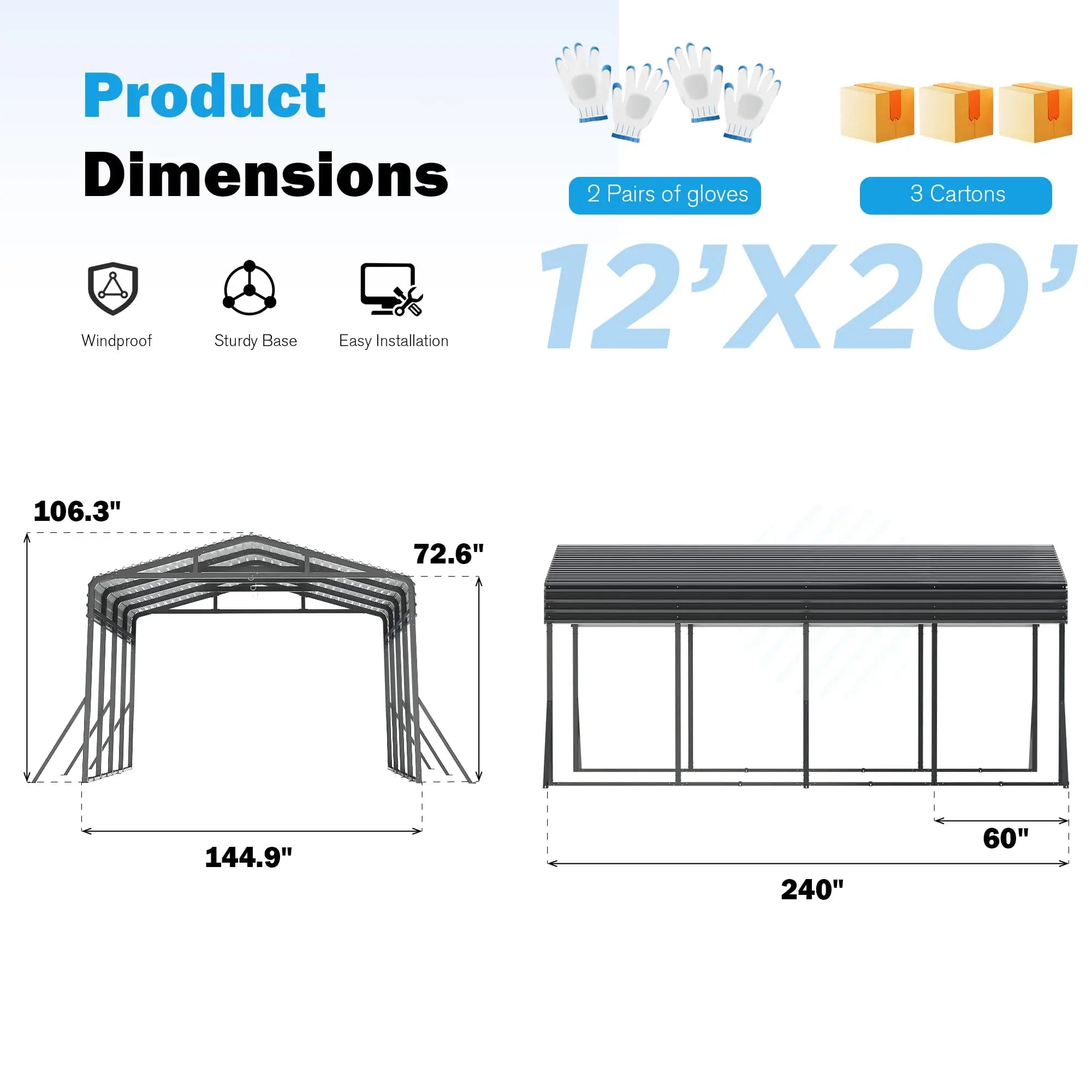 12x20FT Polar Aurora Metal Carport Shelter, Heavy-Duty Galvanized Steel, Reinforced Base, Portable Freestanding Cover for All Ve