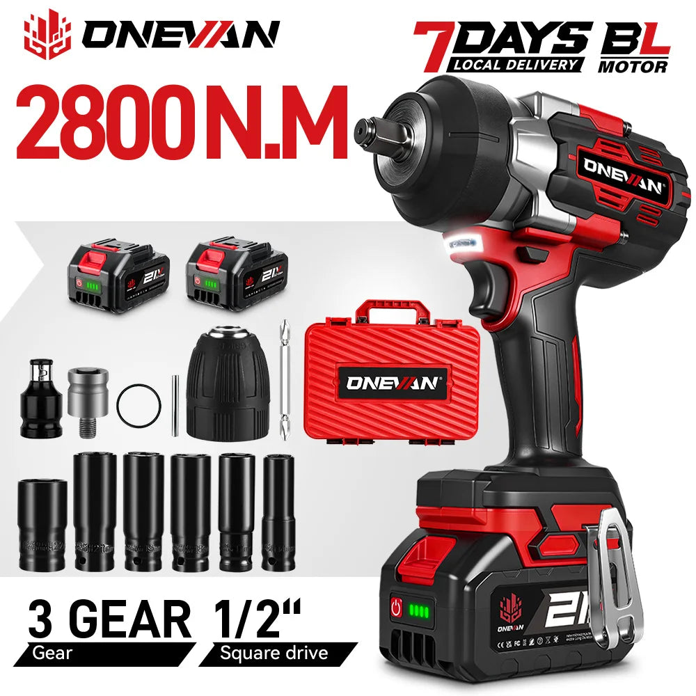 ONEVAN 2800N.M Brushless Electric Impact Wrench High Torque 1/2 Inch Screwdriver Drill Repair Tool For Makita 18V Battery Pin
