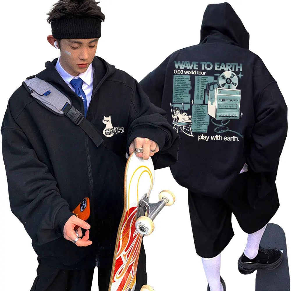 Korean Band Wave To Earth Print Zipper Hoodie Men's Casual Oversized Zip Up Jacket Men Women Hip Hop Fashion Y2k Zip Up Hoodies