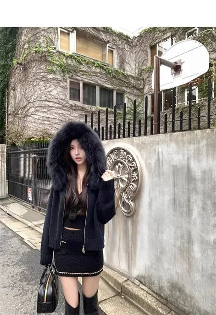 Winter Women Old Money Girl Long Sleeve Full Zip Cardigan Sweater Cuddly Hoodies Knitwear 2000s Aesthetic Korean Fashion Sweater