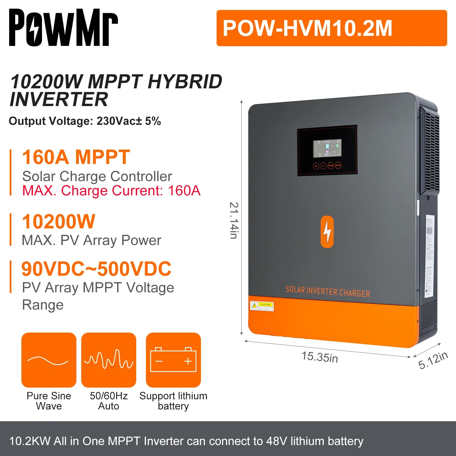 PowMr 10.2KW 48V MPPT Solar Inverter Pure Sine Wave Hybrid 160A 230VAC Output PV 90V~500V Input With Dual AC&Dual PV Interface