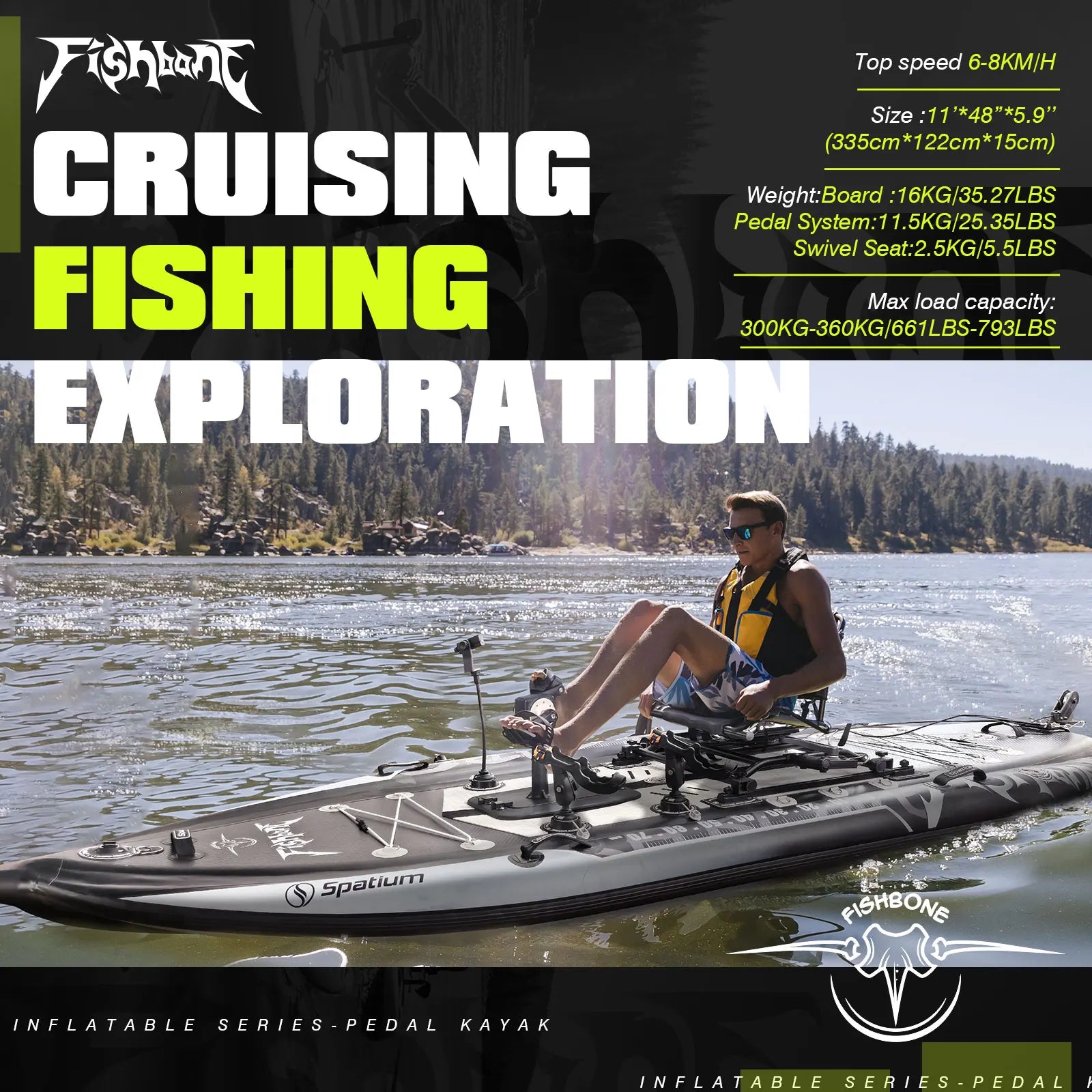 Spatium Fishing Kayak Boat Pedal Drive Sit on Top Pedal Drive Kayak Power System Orientation System, 11'*48"*6",Capacity 660LBS