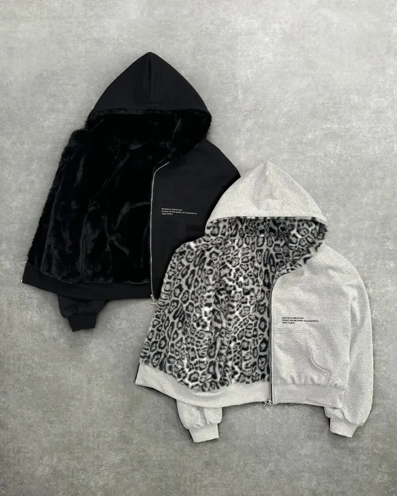 American New Retro Leopard Print Two-sided Fashion Zipper Hoodie Men Street Hip-hop Harajuku Y2K Casual Oversized Sweatshirt