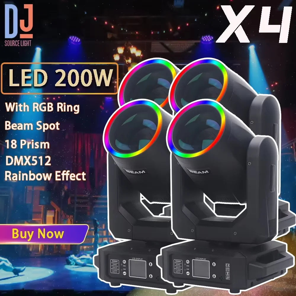 4Pcs LED 200W Moving Head Light Beam+Spot+18 Prism+Rainbow Effect Stage Lighting Dmx DJ Disco Party Wedding Stage Effects Lamp