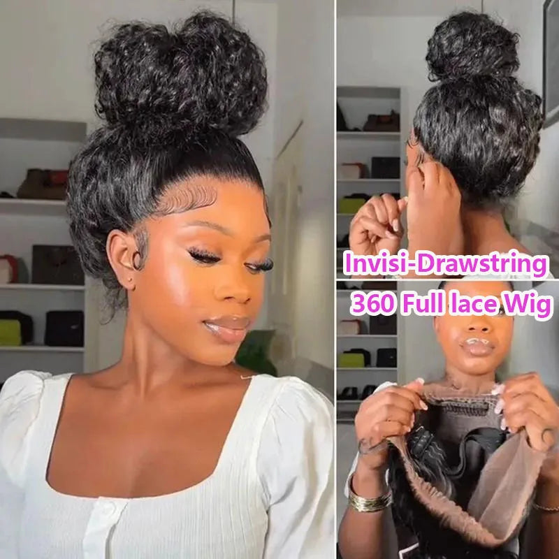 Hidden Strap Deep Wave 360 HD Full Lace Frontal Wigs Human Hair Pre Plucked 12A Glueless Brazilian Virgin Wig With Drawstring