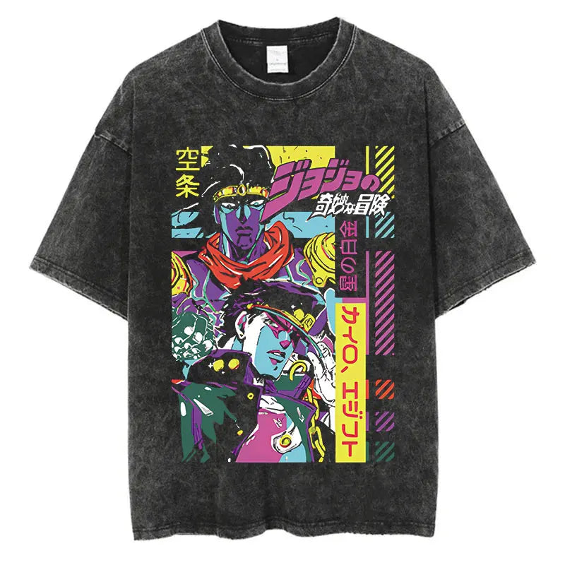 Vintage Washed TShirt Men Summer Hip Hop Streetwear T-shirt JoJo Bizarre Adventure Anime Print Cotton Casual Short Sleeve Tshirt