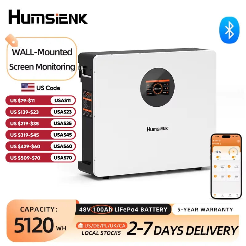 Humsienk 48V 100Ah LiFePO4 Battery WALL-Mounted Bluetooth &Real-time Monitoring Display 100A BMS For Inverter, RV, Solar Energy