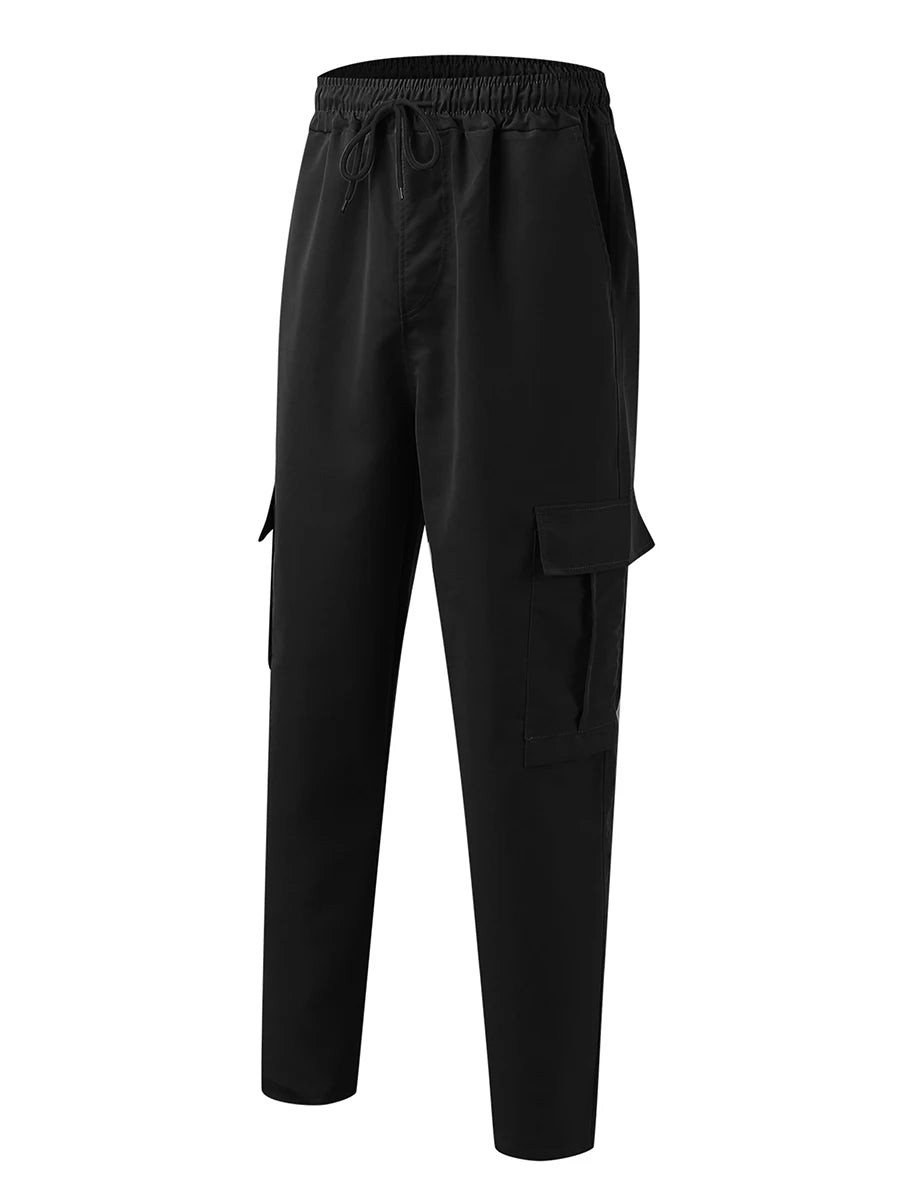 Men s Loose Cargo Long Pants Solid Color Drawstring Waist Straight Leg Trousers Casual Work Pants with Pockets