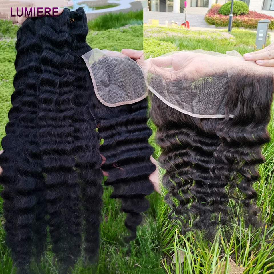 40" Loose Deep Wave Human Hair Bundle With Closure Frontal HD Transparent Lace Closure With Bundle Human Hair Weave Bundles Deal