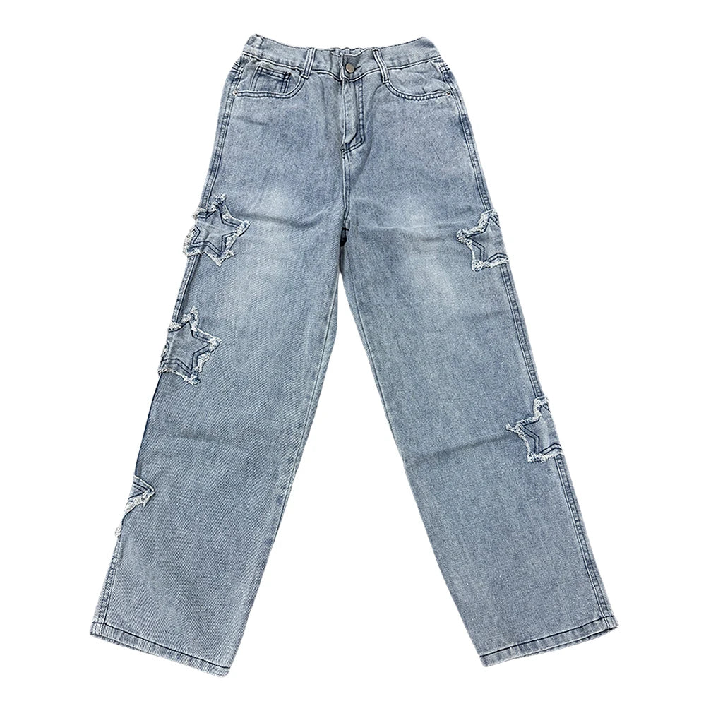 Star Embroidery Straight Casual Men Jeans Gothic Neutral New Wide Leg Loose Hip-hop Fashion Youth Streetwear Denim Trousers Y2K