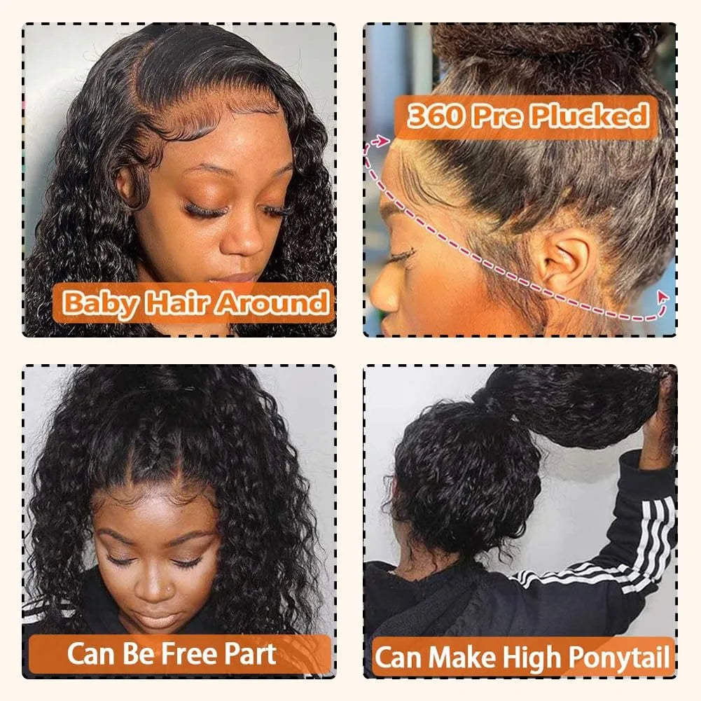 Hidden Strap Deep Wave 360 HD Full Lace Frontal Wigs Human Hair Pre Plucked 12A Glueless Brazilian Virgin Wig With Drawstring