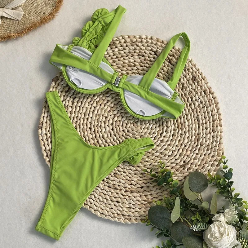 Style Flower Bikinis Women's 2 Piece 3D Rose Bikini Set High Cut Cheeky Swimsuit Floral Appliques Bathing Suit
