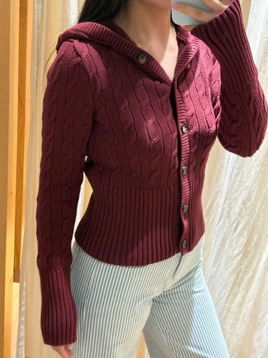 Navy Twist Flower Sweater Cardigan Women Single Breasted Long Sleeve Slim Short Sweaters Autumn Vintage Sweet Knitted Hoodies