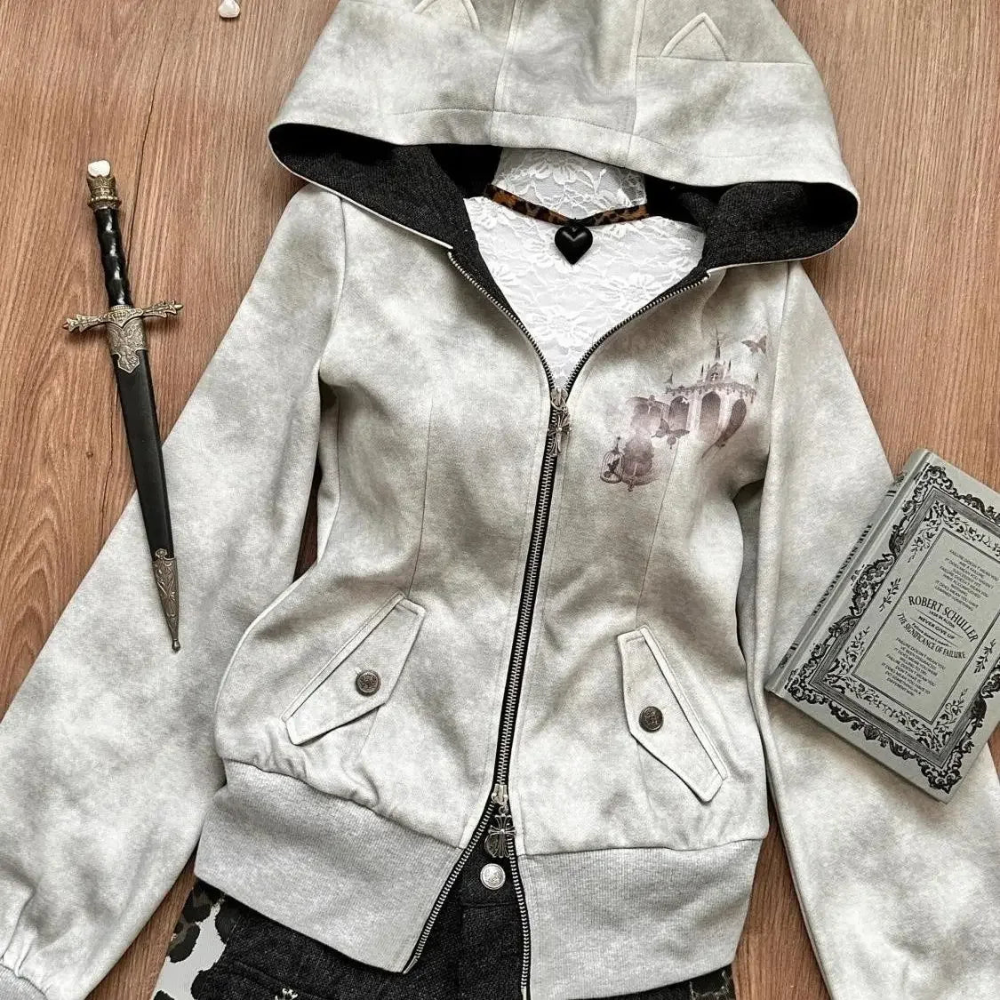Y2k Aesthetic Vintage Printing Pocket Hoodies Gothic Fairy Grunge Hooded Jackets Autumn Women Double Zippers Punk Sweatshirt