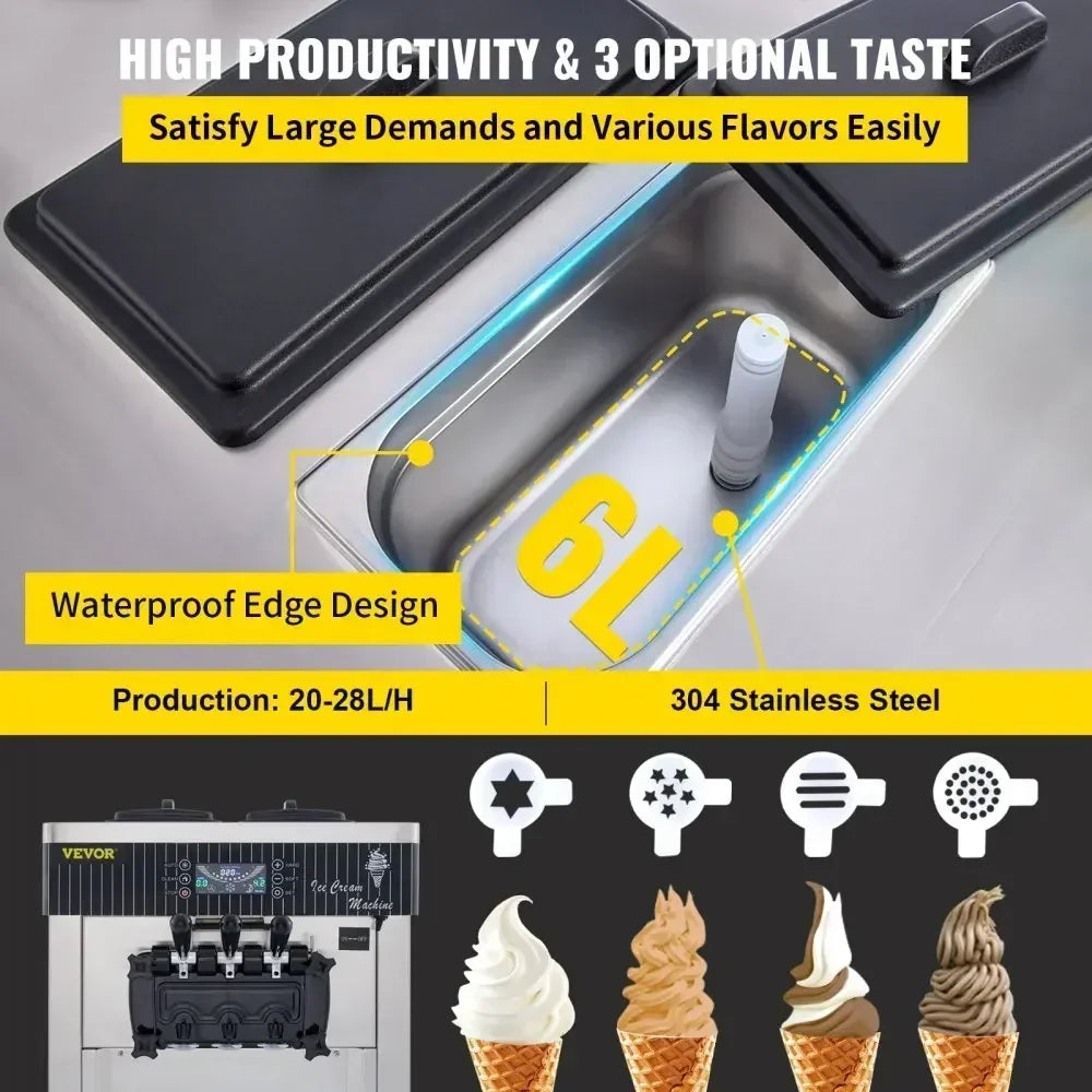 VEVOR Commercial Ice Cream Machine 5.3 to 7.4Gal per Hour Soft Serve with LED Display Auto Clean 3 Flavors for Restaurant