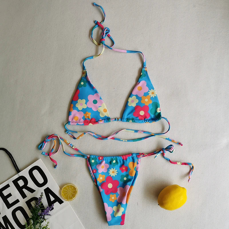Brazilian Sexy Micro Mini Thong Bikini Set String Bandage Swimwear Women Beachwear Backless Swimsuit Triangle Push Up Biqiuni