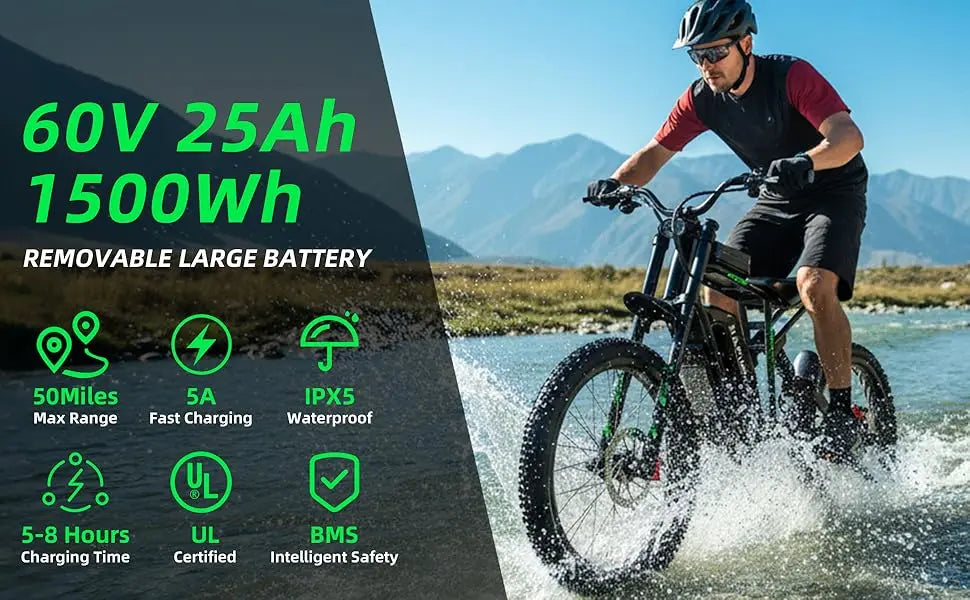 R3 Electric Dirt Bike for Adults Peak 6000W brushless Motor 45-50MPH Speed Dirtbike 50 Miles Range Ebike with 60V 25Ah Battery
