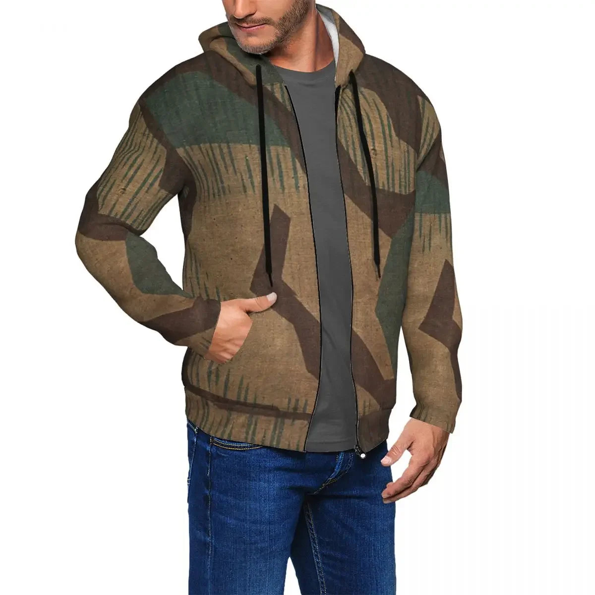 Splintertarn German WW2 Camouflage Army Military Camo  Zipper Hoodies Pullover Autumn Winter Sweatshirt Long Sleeve Tops