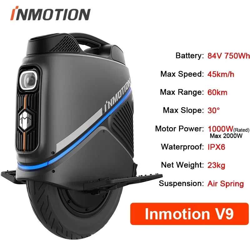 Newest INMOTION V9 Electric Unicycle 1000W Motor 84V 750Wh Battery 60mm Suspension With GPS Remote Locking LED Light EUC-Wheel
