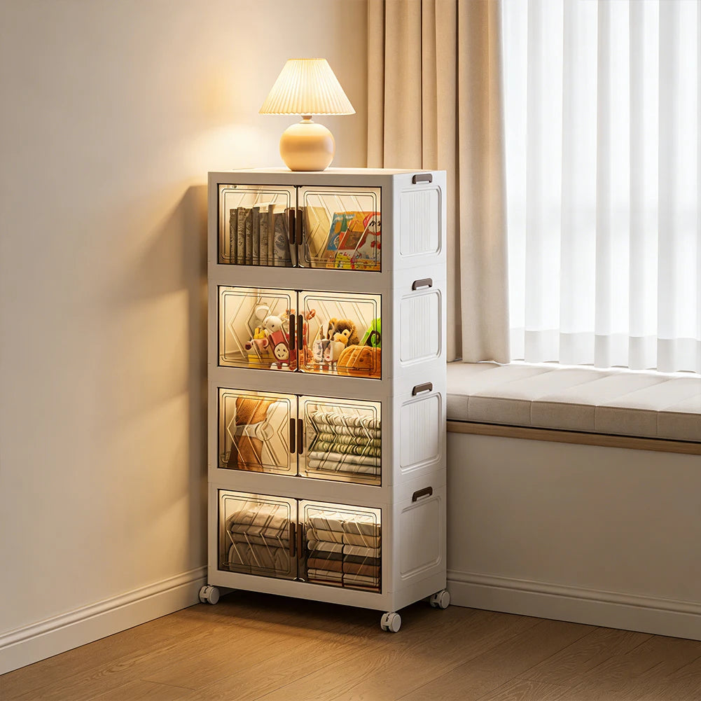 4 Tier Folding Storage Boxes with Doors & Wheels Plastic Storage Containers Foldable Organization for Living Room Bedroom Office