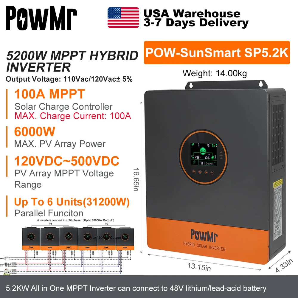 PowMr USA 5.2KW 48V 110Vac Hybrid Solar Inverter Can Split Phase 220Vac Output When Parallel Pure Sine Wave MPPT 100A PV 500Vdc