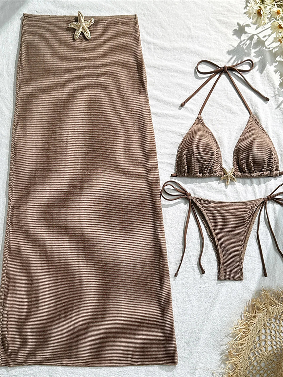 Metal Star Halter With Skirt Bikini Female Swimsuit Women Swimwear Three-pieces Bikini set Padded Bather Bathing Suit Swim V6740