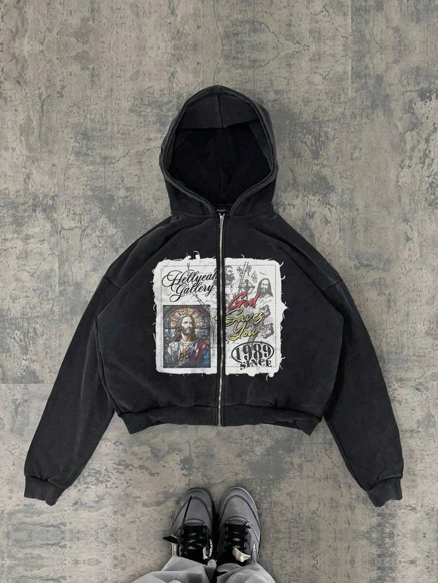 New Y2K Harajuku American Good Luck Pattern Printed hoodie man clothes Vintage Hip Hop Jacket Gothic Style Casual zip up hoodies