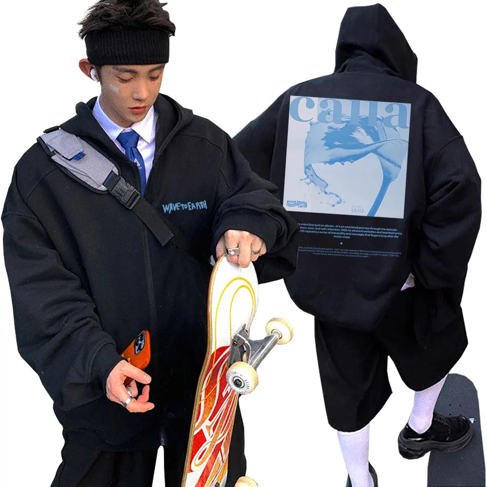 Korean Band Wave To Earth Print Zipper Hoodie Men's Casual Oversized Zip Up Jacket Men Women Hip Hop Fashion Y2k Zip Up Hoodies