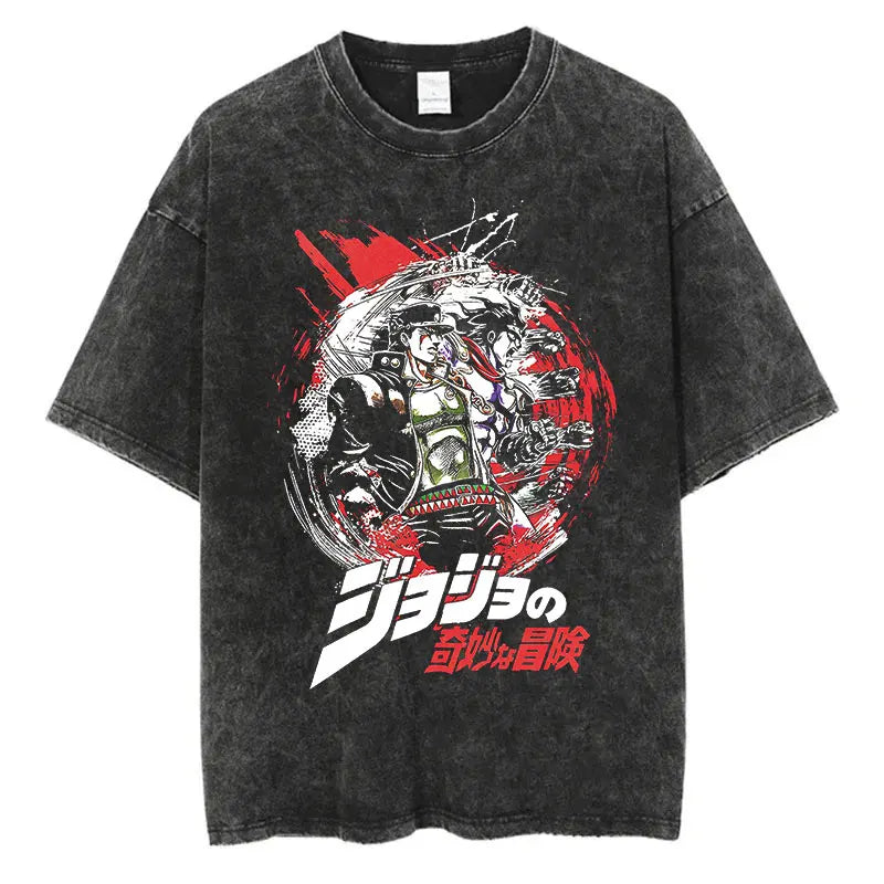 Vintage Washed TShirt Men Summer Hip Hop Streetwear T-shirt JoJo Bizarre Adventure Anime Print Cotton Casual Short Sleeve Tshirt