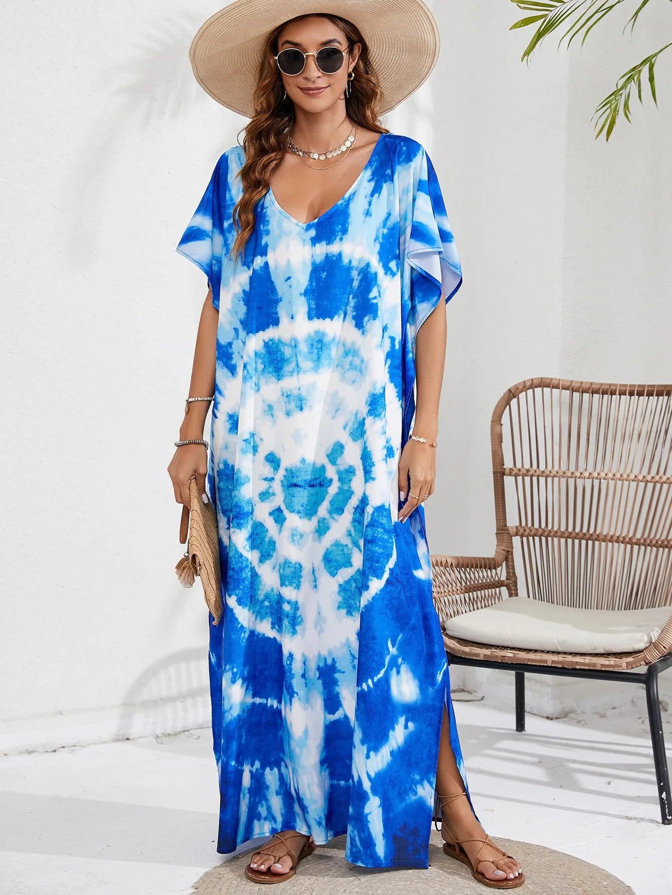 Kaftan Dresses for Women Plus Size Tie Dye Batwing Sleeve Caftans Swimsuit Coverup Maxi Dress Loungewear