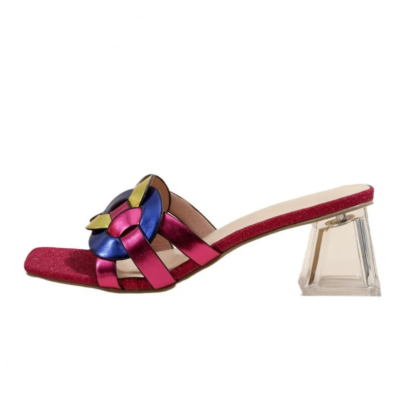 Summer Sandals for Women 2026 New Style Square Toe Mid-Heel Transparent Heel Strappy Woven Shoes
