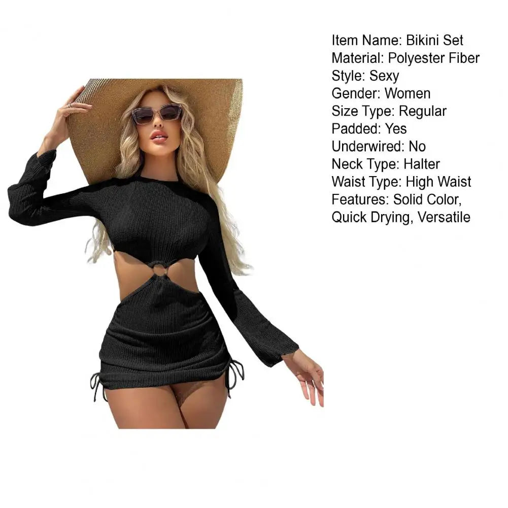3Pcs/Set Women Bikini Set Halter Bra Lace-up Swimsuit Set With Mesh Yarn Cover Up Dress Solid Color Knitted Swimwear For Women
