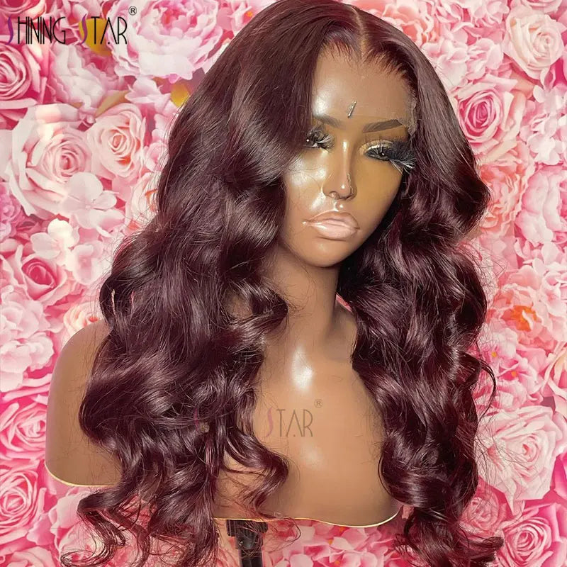 Burgundy Red Bone Straight Lace Front Human Hair Wigs Pre Plucked Colored 99J Red 13x6 Transparent Lace Frontal Wig Human Hair