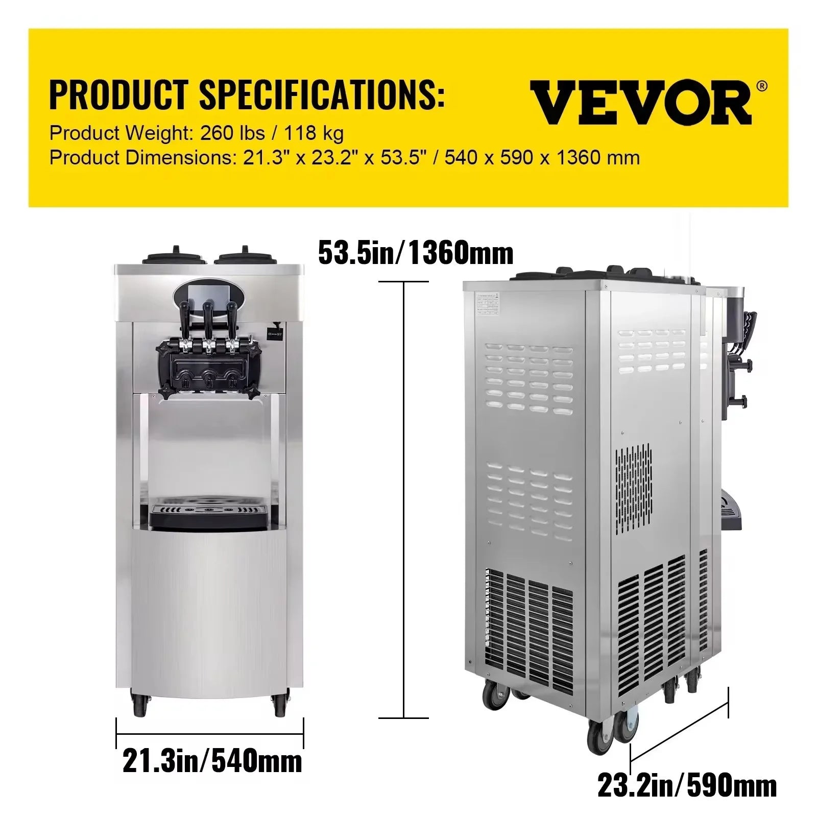 VEVOR Commercial Soft Serve Ice Cream Machine 2200W 20-28L/H - Dual 6L Hoppers for 2 Flavors, Dessert Shops & Bubble Tea Stores