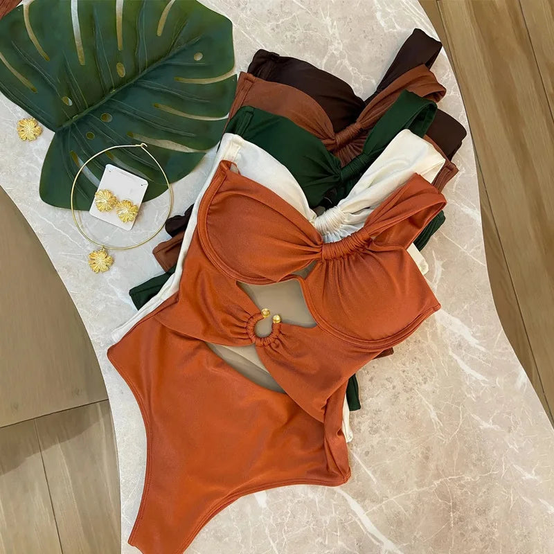 European and American One-shoulder Twisted Swimsuit One-piece Bikini Steel Support Gathered Hollow Metal Buckle Solid Color
