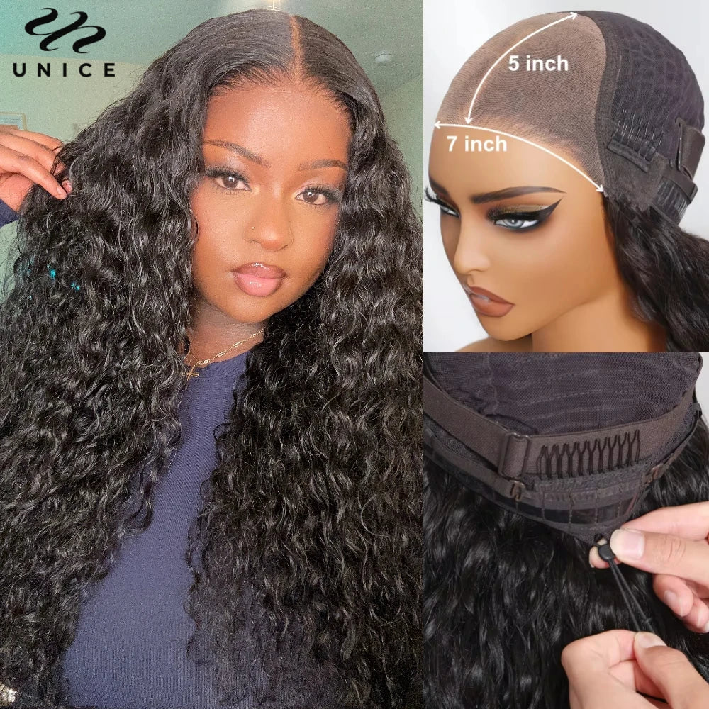 Unice Hair Drawstring Cap 7x5 & 13x4 Water Wave Human Hair Wig With Baby Hair Pre Cut Pre Bleached Pre Plucked Glueless Wigs