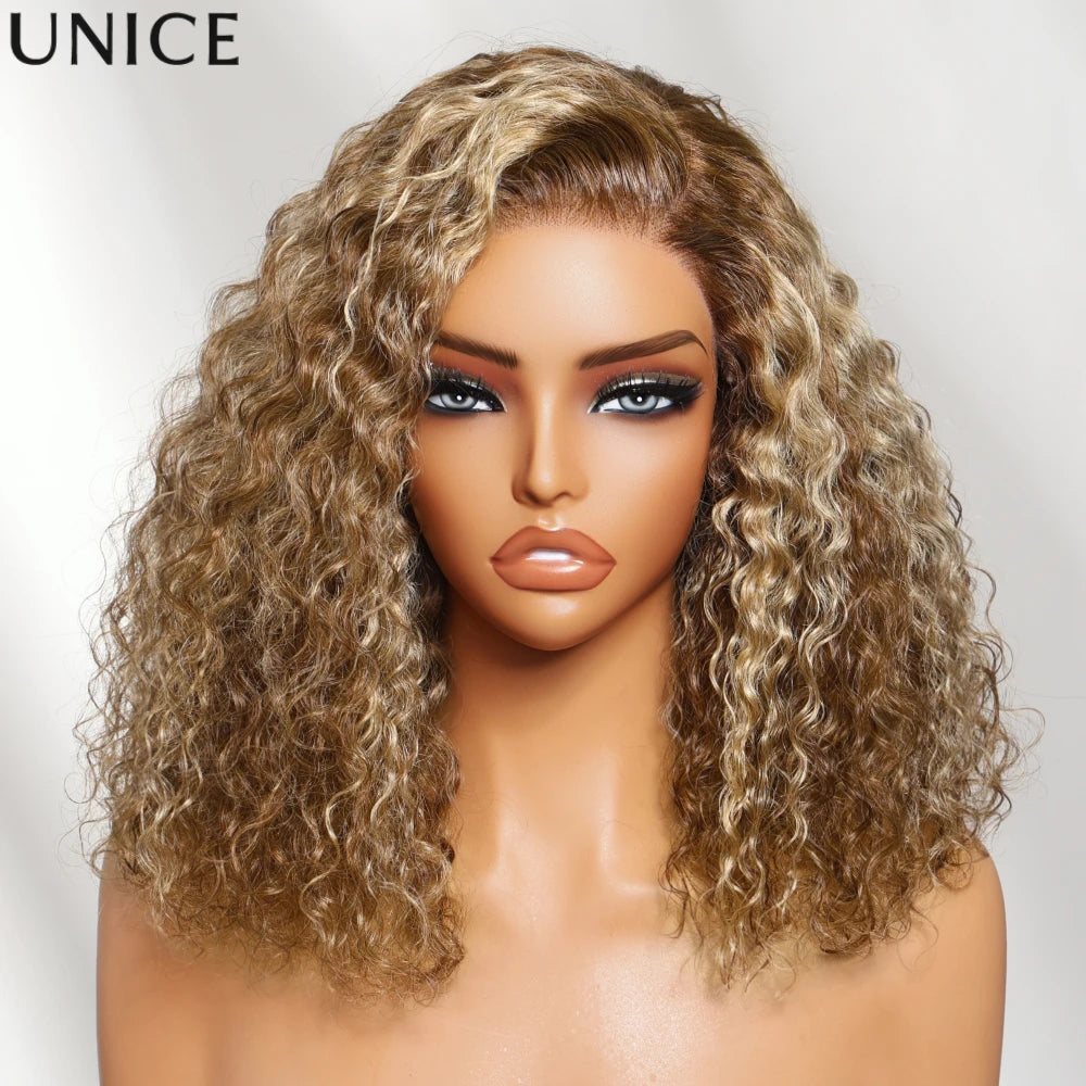 UNice 7x5 Bye Bye Slip™ Left Side Part Honey Blonde Highlight Water Wave Curly Bob Wig With Drawstring Glueless Human Hair Wigs