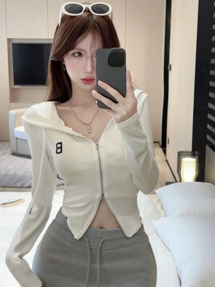 Y2k American Vintage Zip Up Hoodies 2000s Long Sleeve Subculture Hooded Sweatshirt Hot Girl Letter Short Slim Autumn Coat Chic