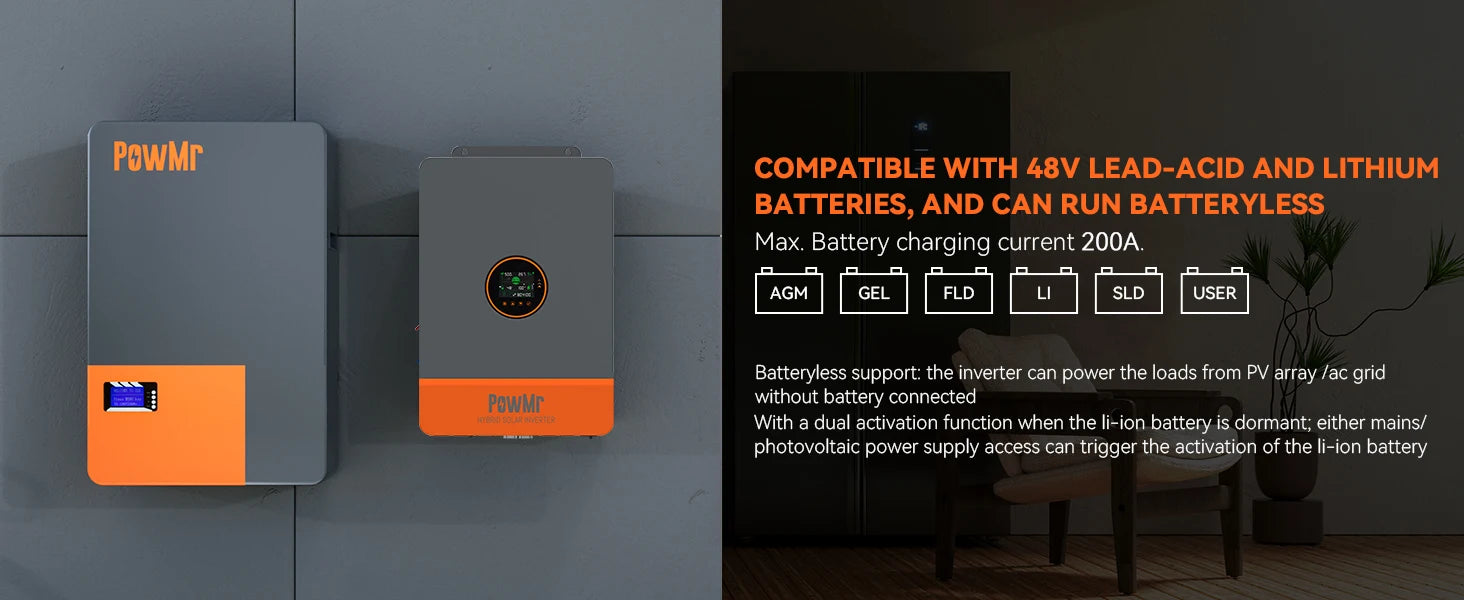 PowMr 10KW Split Phase Inverter 48V 110V 220V Hybrid Solar Inverter Dual MPPT Dual Output Off Grid with MPPT 200A Solar Charger