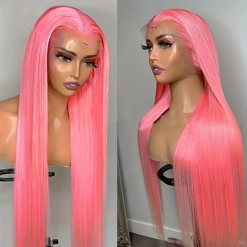 Pink Straight Human Hair Wigs 13X4 13X6 Hd Lace Frontal Wigs 32 36 Inch 220% Density Brazilian Human Hair Preplucked For Women