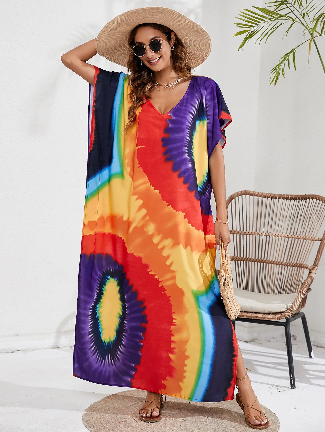 Kaftan Dresses for Women Plus Size Tie Dye Batwing Sleeve Caftans Swimsuit Coverup Maxi Dress Loungewear