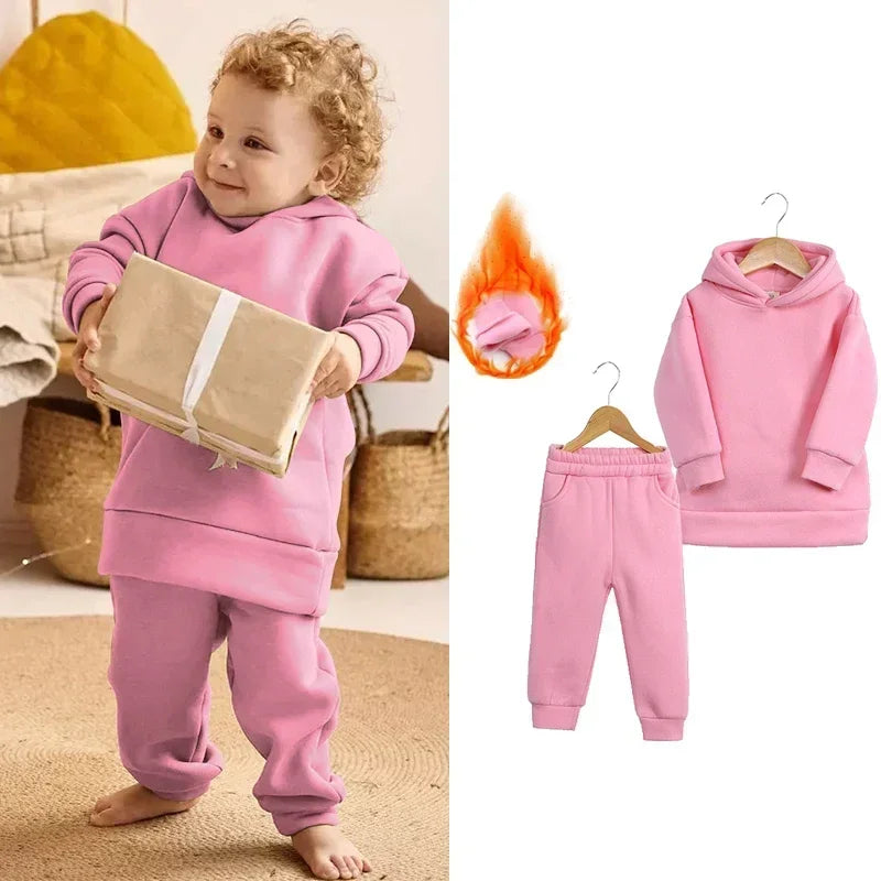 Children Fleece Winter Outfit Toddler Cotton Solid Hoodies Pullover Sweatshirt Pants Tracksuit Set Kids Boy Girl Warm Sweatsuits